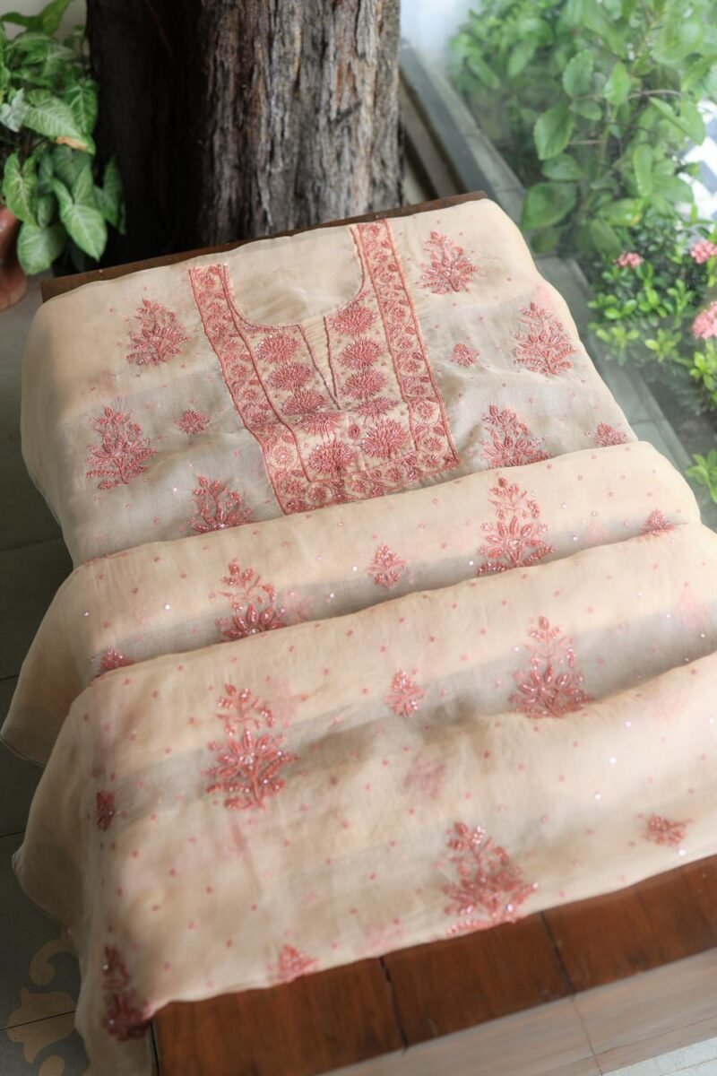 Peach Noor Organza Silk Chikankari Unstitched Kurta Dupatta Set