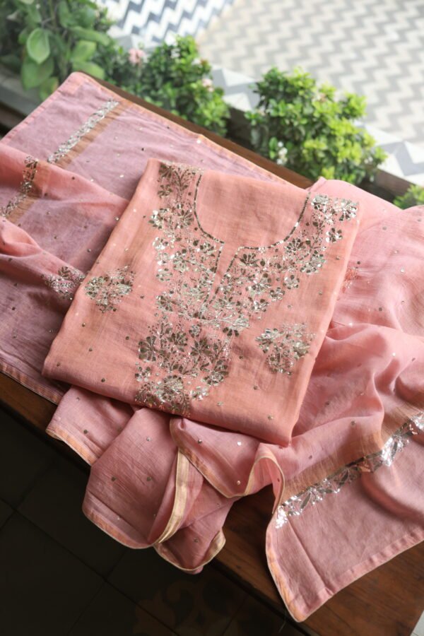 Peach Tissue Silk Mukaish Fabrics - Image 6
