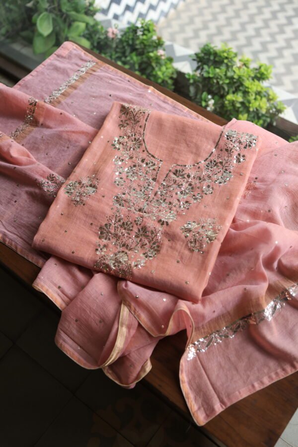 Peach Tissue Silk Mukaish Fabrics - Image 3