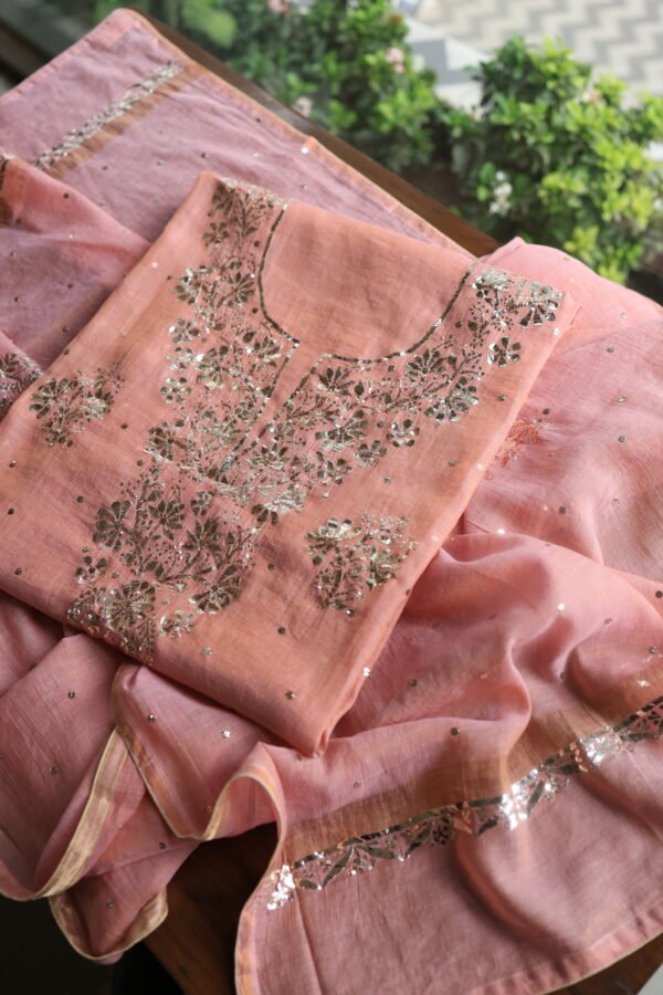 Peach Tissue Silk Mukaish Fabrics - Image 7