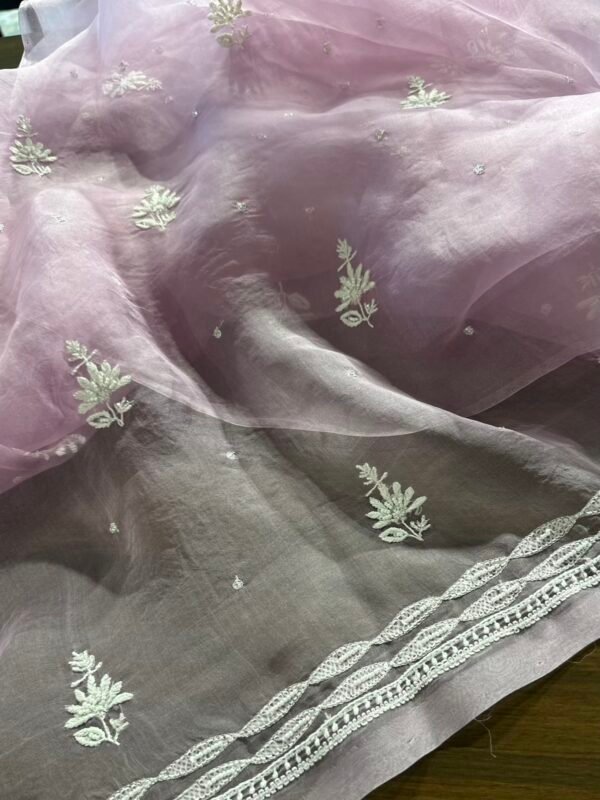 Peri Winkle Noor Organza Silk Chikankari Unstitched Kurta Dupatta Set - Image 5
