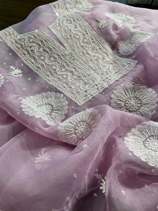 Peri Winkle Noor Organza Silk Chikankari Unstitched Kurta Dupatta Set - Image 2