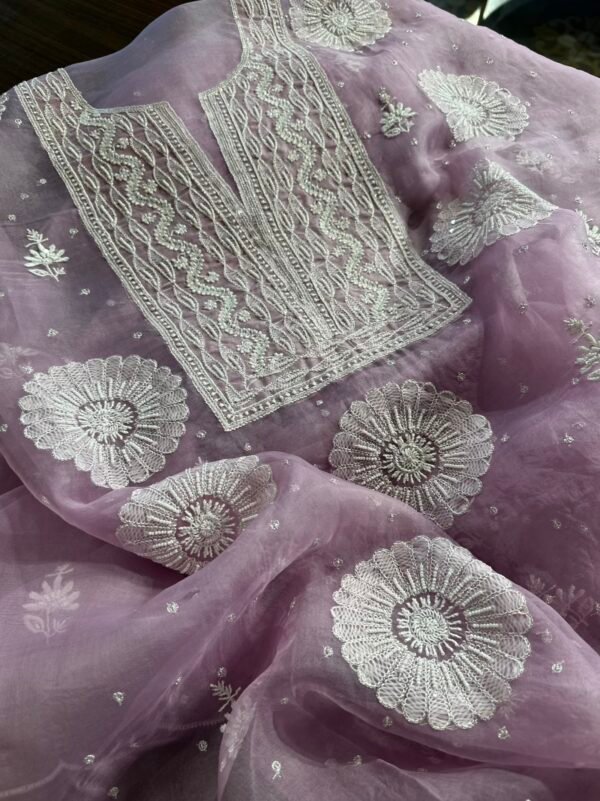 Peri Winkle Noor Organza Silk Chikankari Unstitched Kurta Dupatta Set - Image 8