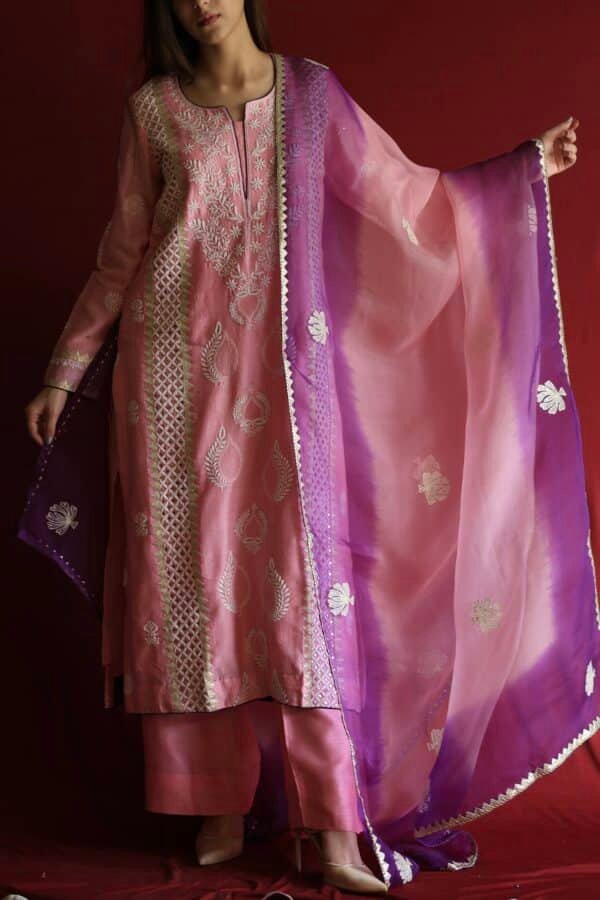 Chanderi Daraz Applique Chikankari Mukaish Kurta Dupatta Set - Image 5