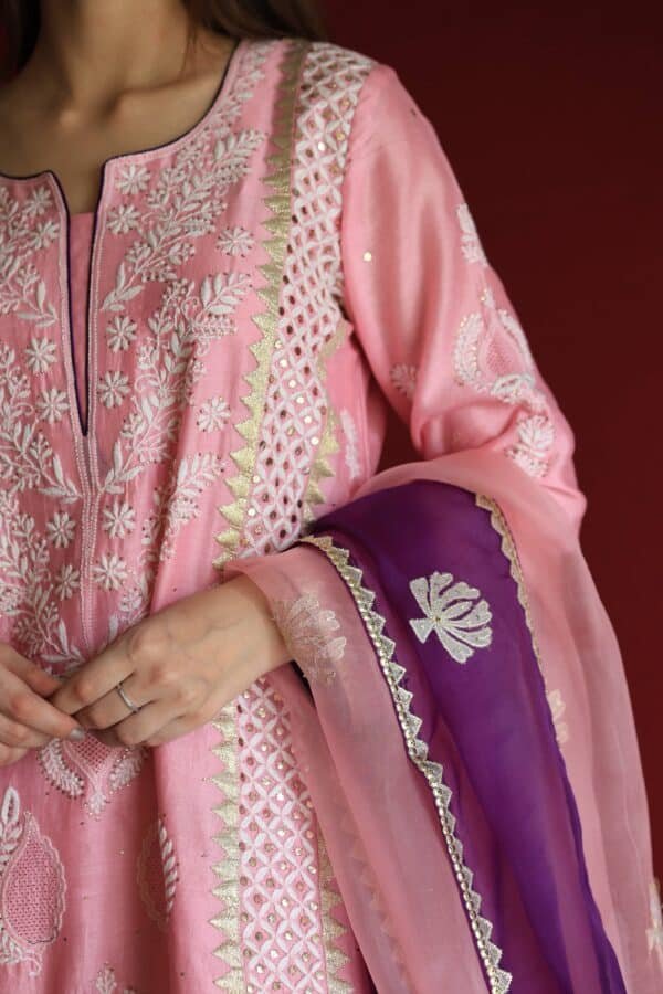 Chanderi Daraz Applique Chikankari Mukaish Kurta Dupatta Set - Image 7