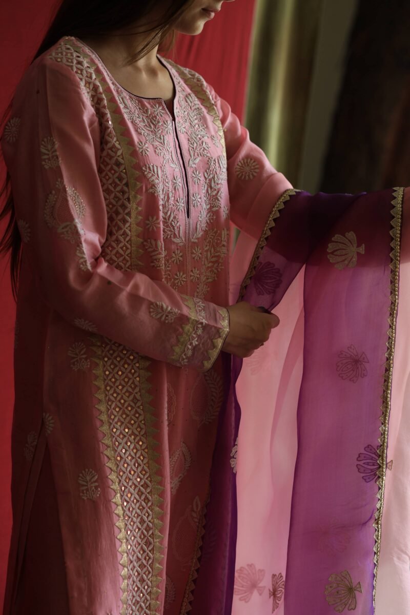Pink Chanderi Applique Chikankari With Mukaish Kamdani Kurta Set