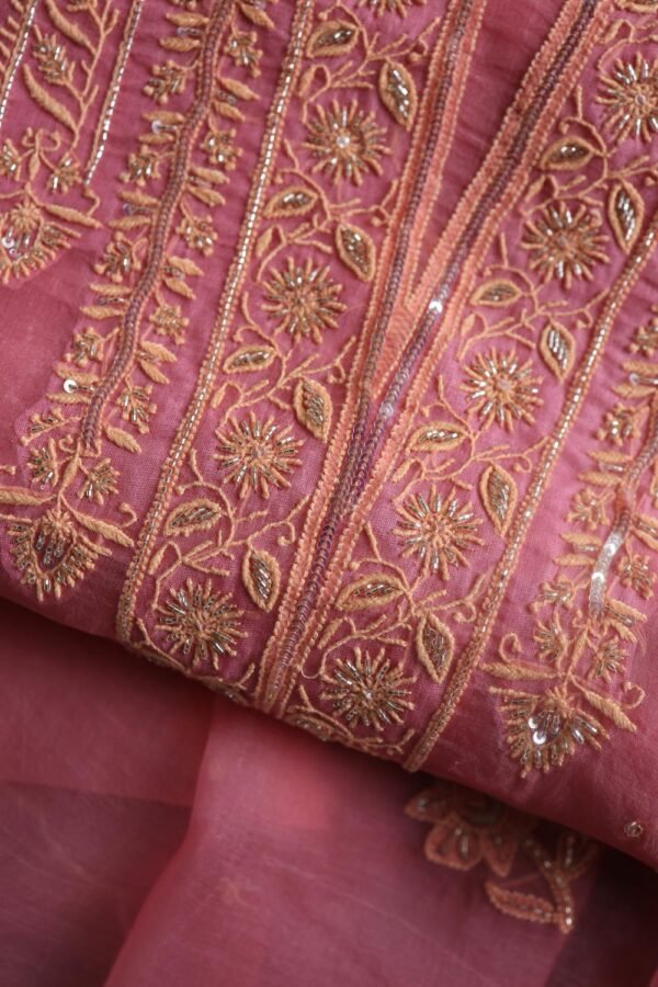 Pink Noor Organza Silk Chikankari Unstitched Kurta Dupatta Set - Image 2