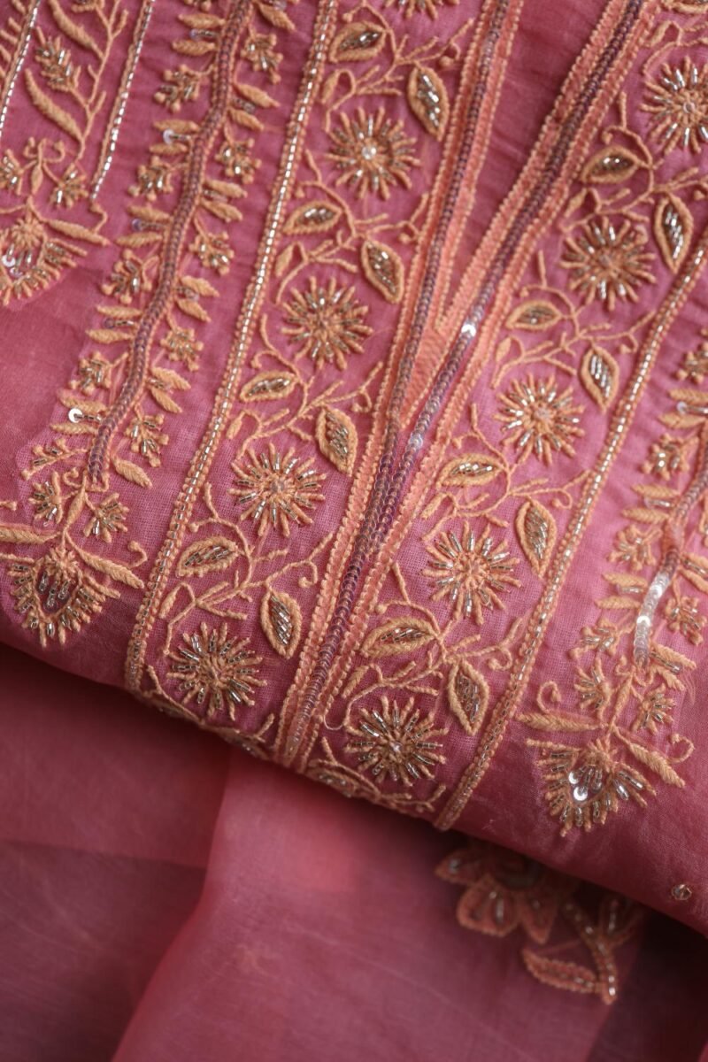 Pink Noor Organza Silk Chikankari Unstitched Kurta Dupatta Set