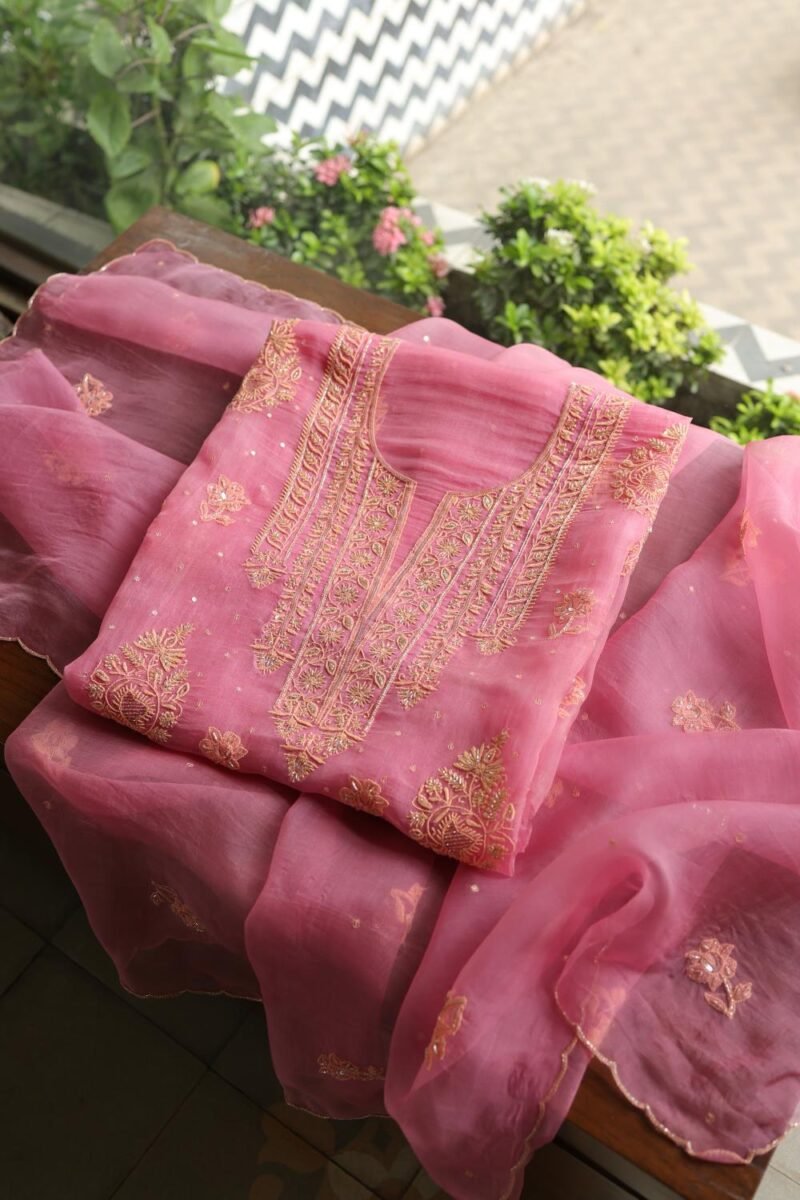 Pink Noor Organza Silk Chikankari Unstitched Kurta Dupatta Set