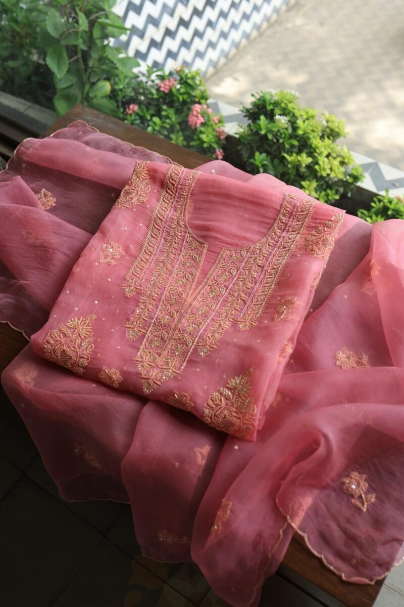Pink Noor Organza Silk Chikankari Unstitched Kurta Dupatta Set