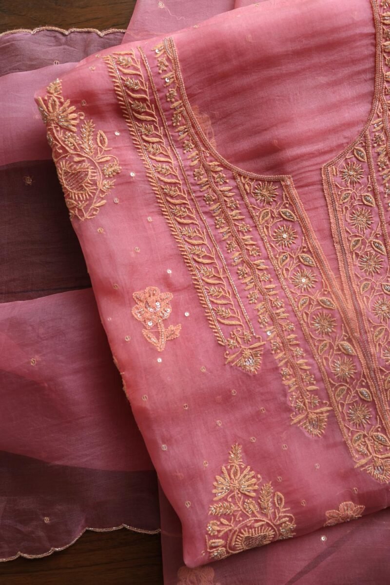 Pink Noor Organza Silk Chikankari Unstitched Kurta Dupatta Set