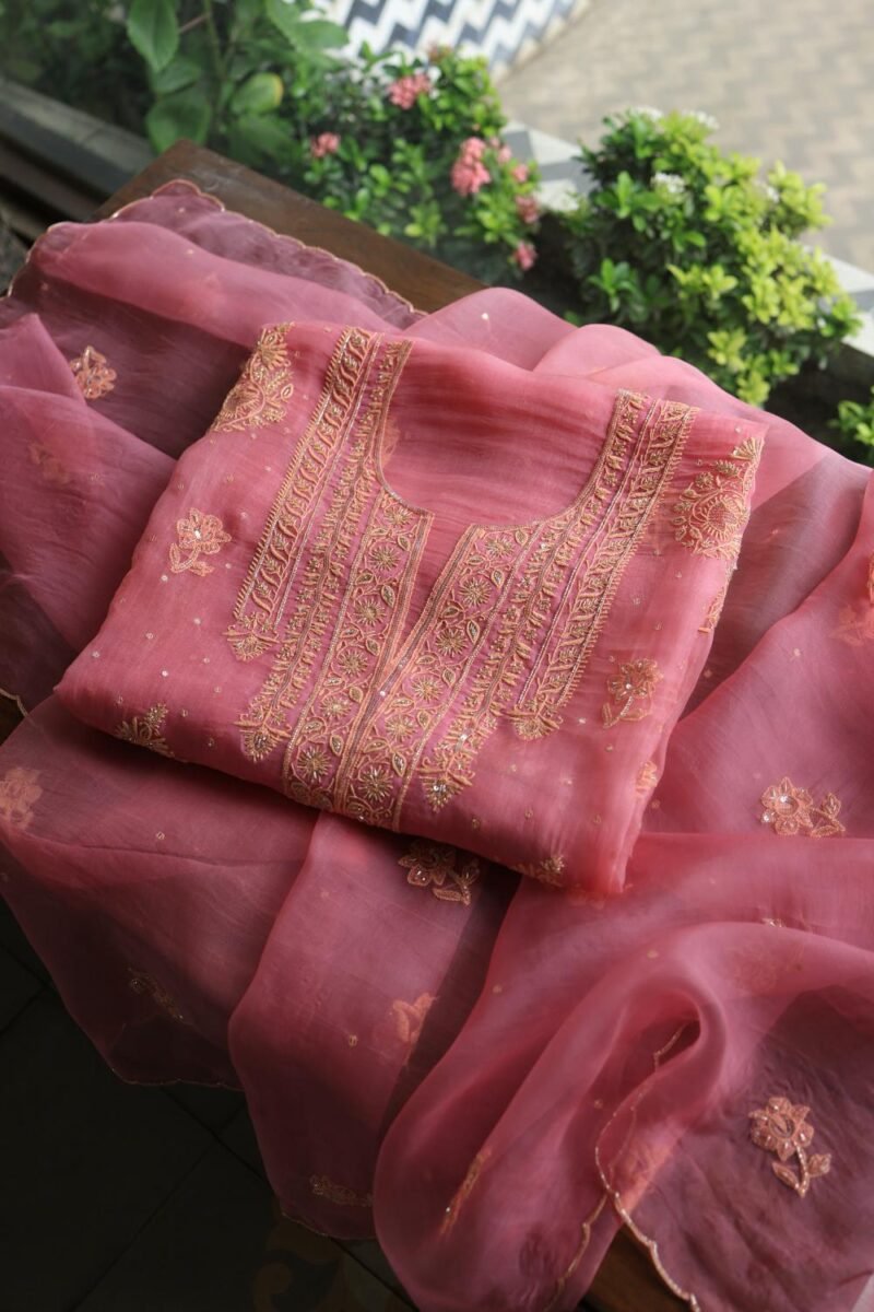 Pink Noor Organza Silk Chikankari Unstitched Kurta Dupatta Set