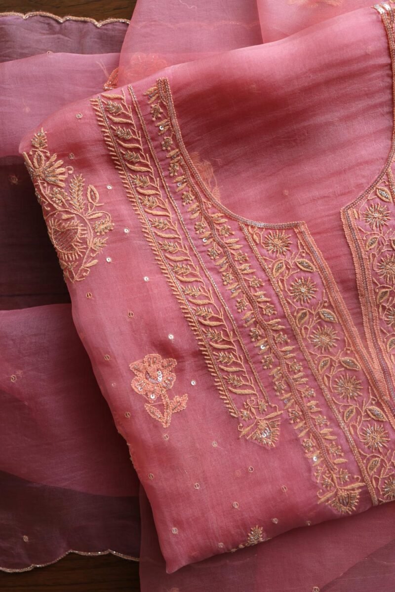 Pink Noor Organza Silk Chikankari Unstitched Kurta Dupatta Set