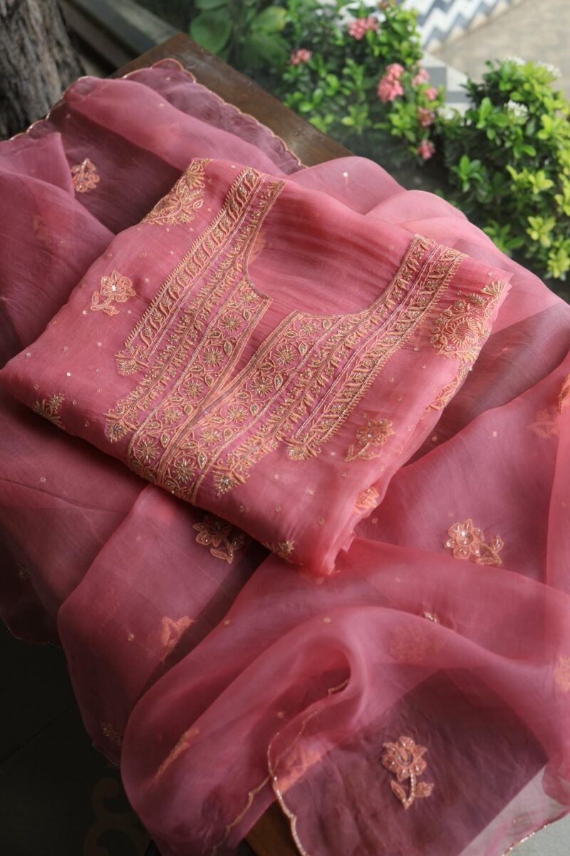Pink Noor Organza Silk Chikankari Unstitched Kurta Dupatta Set