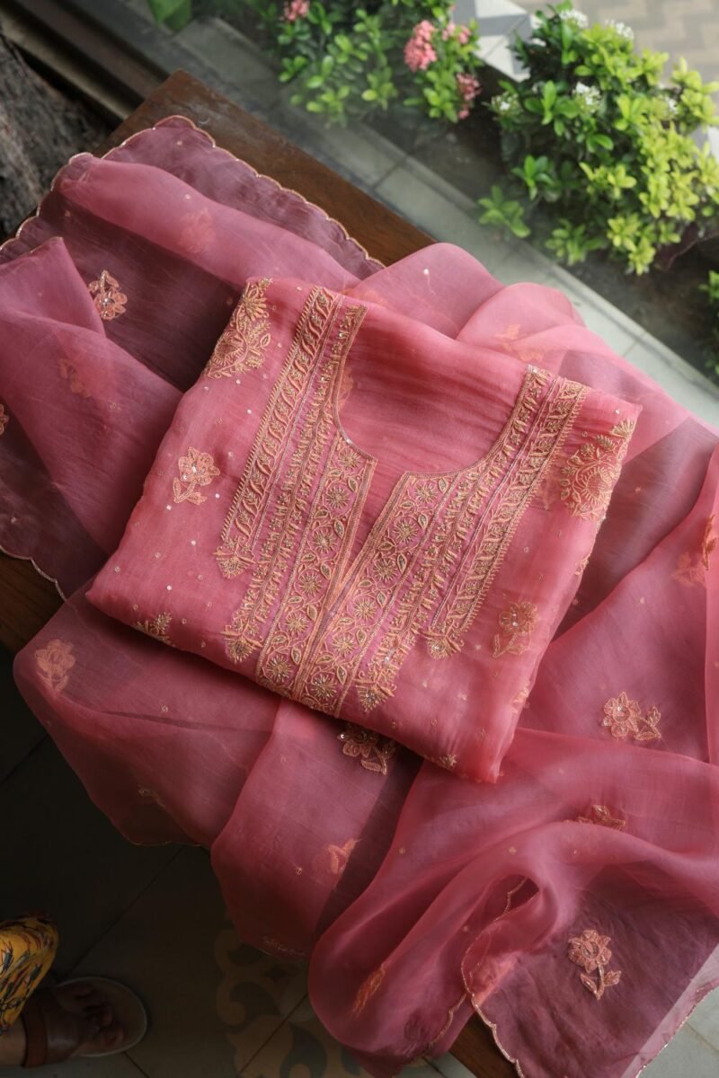 Pink Noor Organza Silk Chikankari Unstitched Kurta Dupatta Set