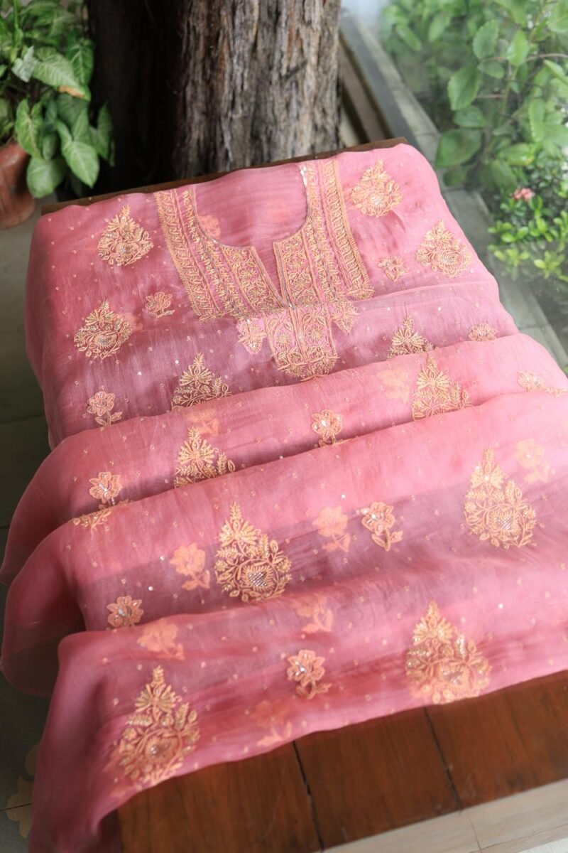 Pink Noor Organza Silk Chikankari Unstitched Kurta Dupatta Set