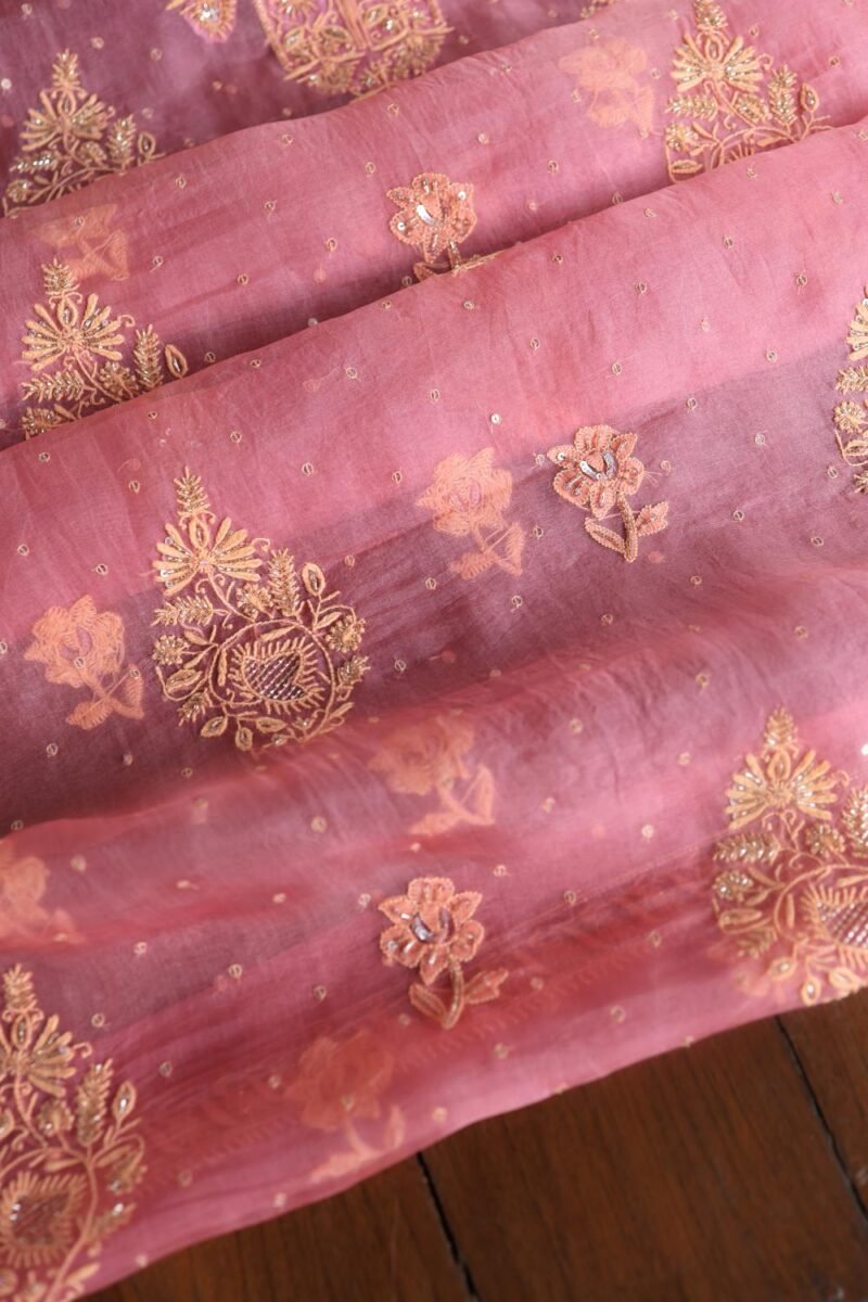 Pink Noor Organza Silk Chikankari Unstitched Kurta Dupatta Set