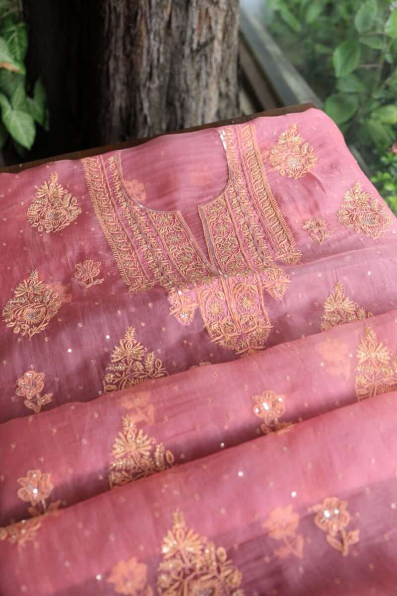 Pink Noor Organza Silk Chikankari Unstitched Kurta Dupatta Set