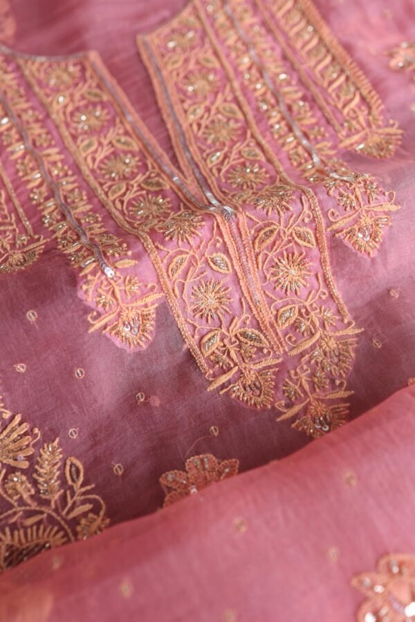 Pink Noor Organza Silk Chikankari Unstitched Kurta Dupatta Set - Image 15