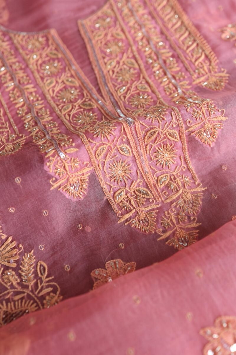 Pink Noor Organza Silk Chikankari Unstitched Kurta Dupatta Set
