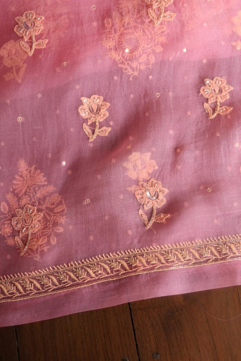 Pink Noor Organza Silk Chikankari Unstitched Kurta Dupatta Set