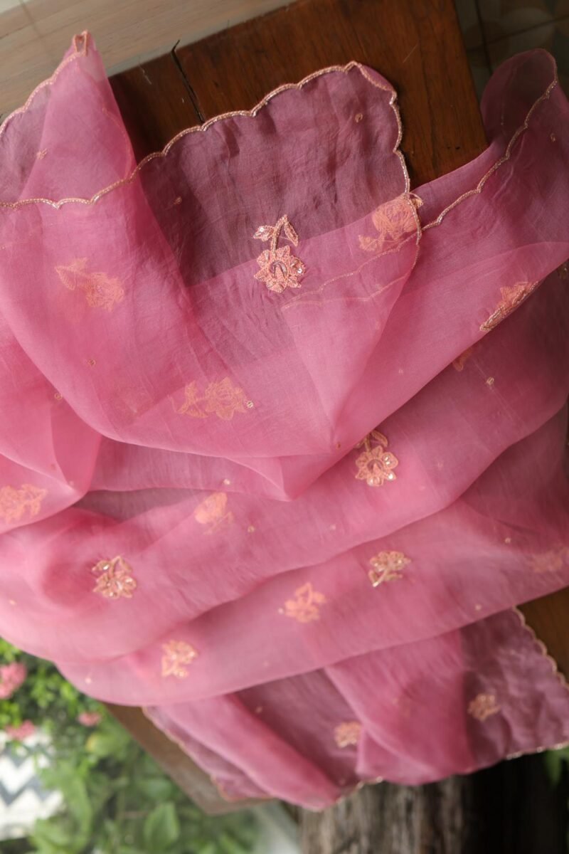 Pink Noor Organza Silk Chikankari Unstitched Kurta Dupatta Set