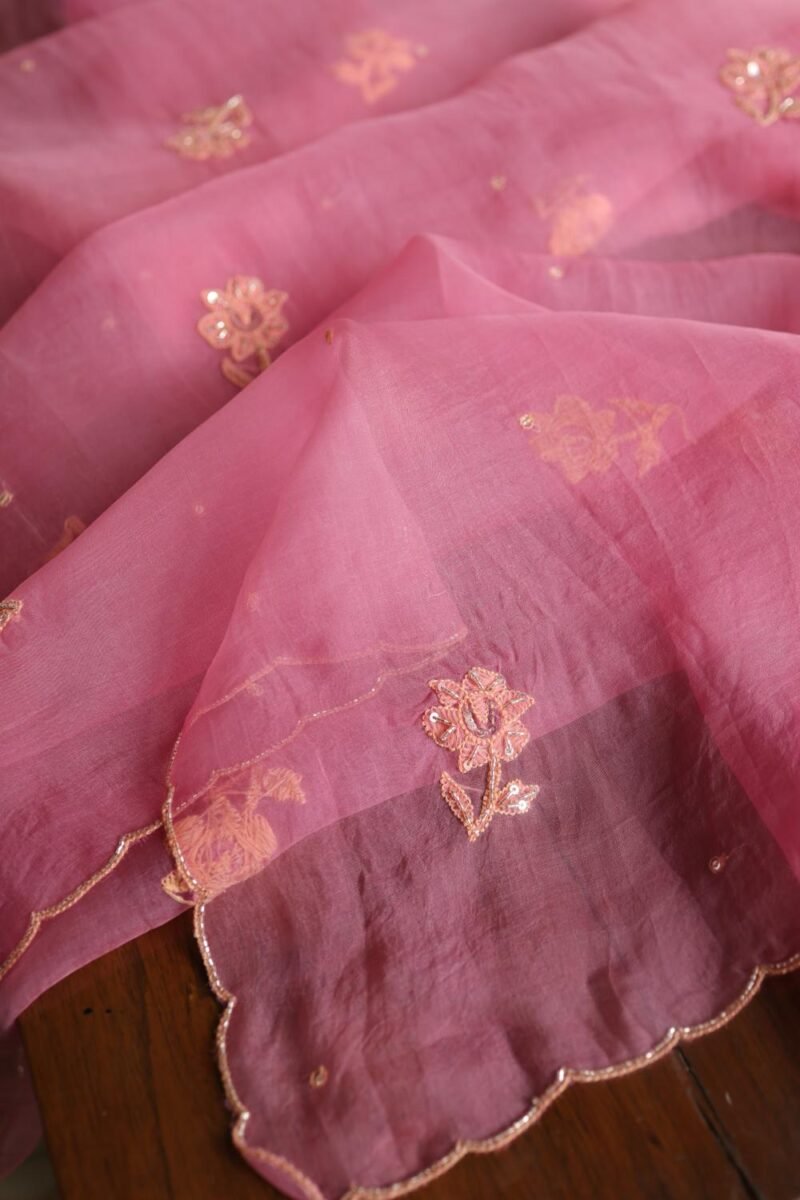 Pink Noor Organza Silk Chikankari Unstitched Kurta Dupatta Set