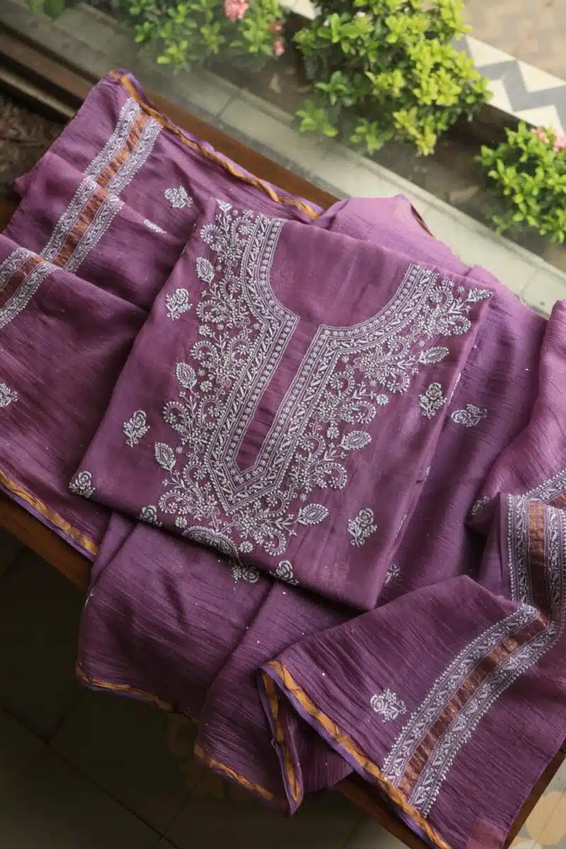 Purple Mal Cotton Chikankari Unstitched Kurta Dupatta Fabrics With Kamdani