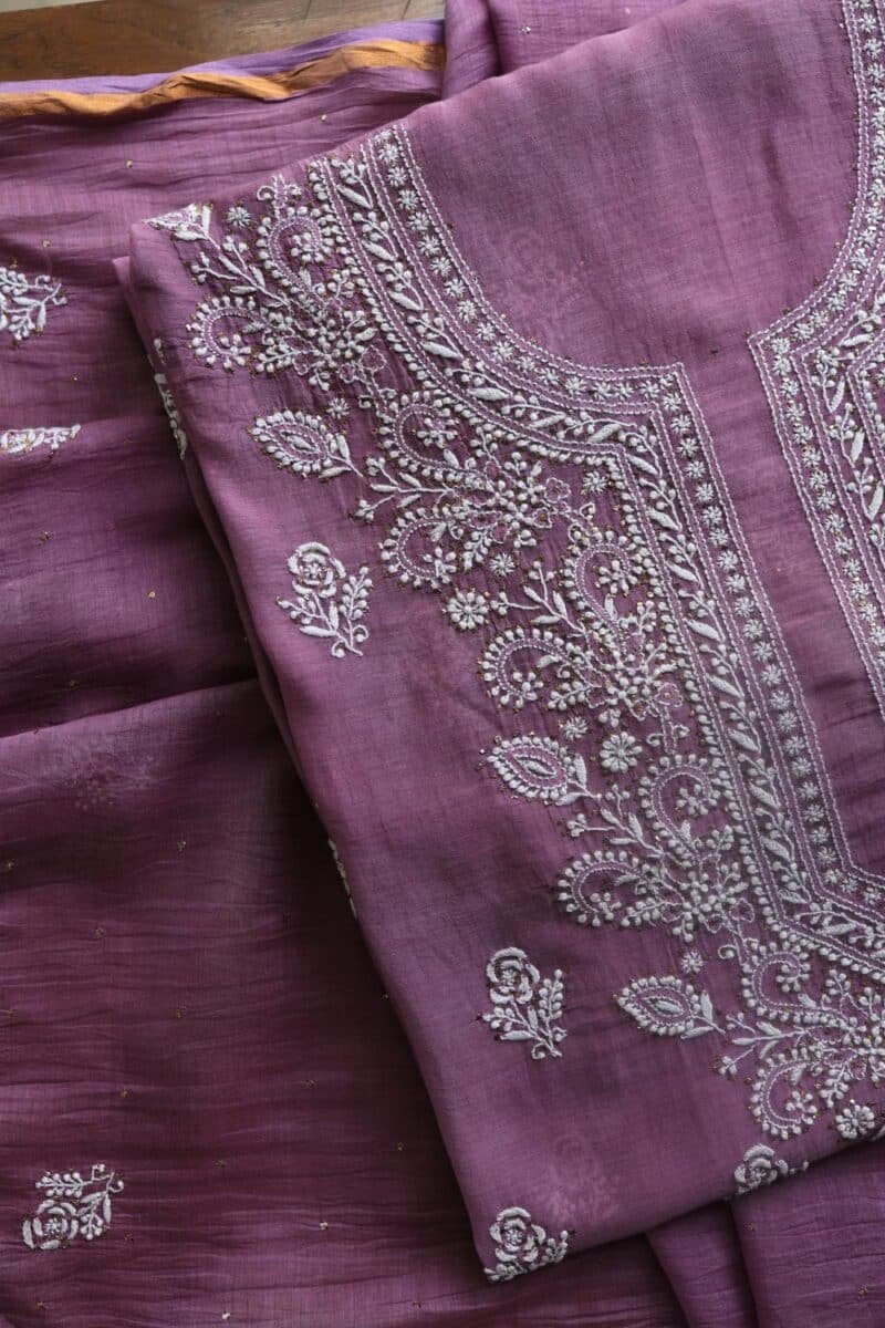 Purple Mal Cotton Chikankari Unstitched Kurta Dupatta Fabrics With Kamdani