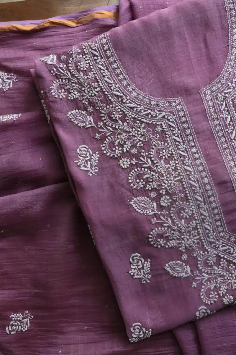 Purple Mal Cotton Chikankari Unstitched Kurta Dupatta Fabrics With Kamdani