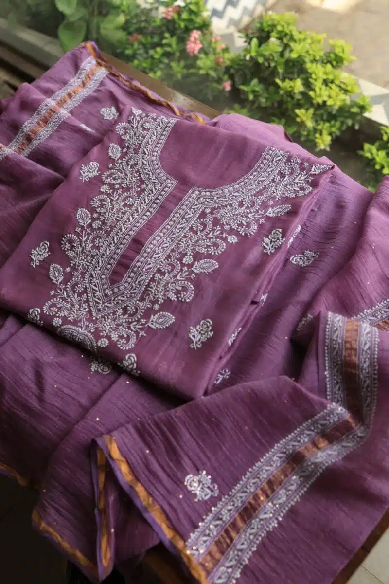 Purple Mal Cotton Chikankari Unstitched Kurta Dupatta Fabrics With Kamdani