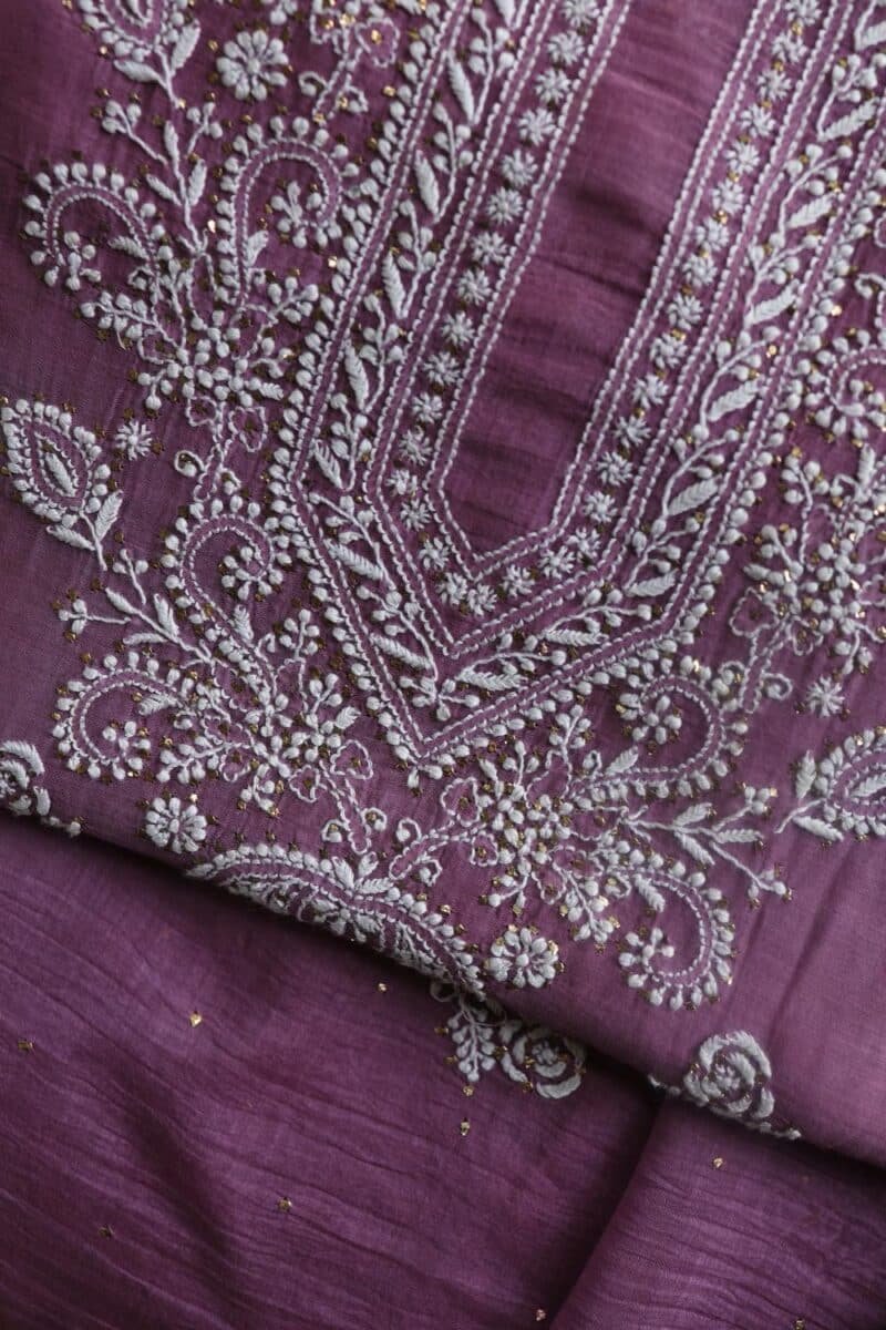 Purple Mal Cotton Chikankari Unstitched Kurta Dupatta Fabrics With Kamdani