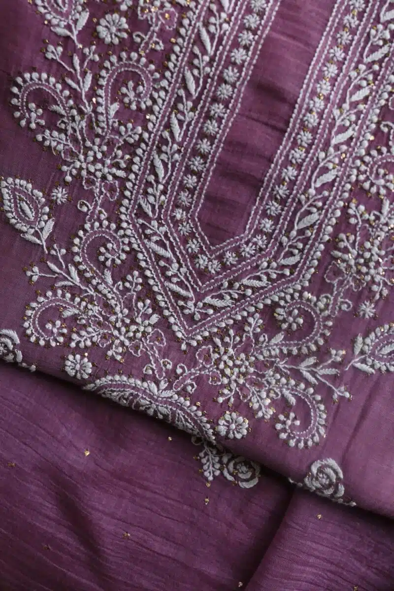 Purple Mal Cotton Chikankari Unstitched Kurta Dupatta Fabrics With Kamdani