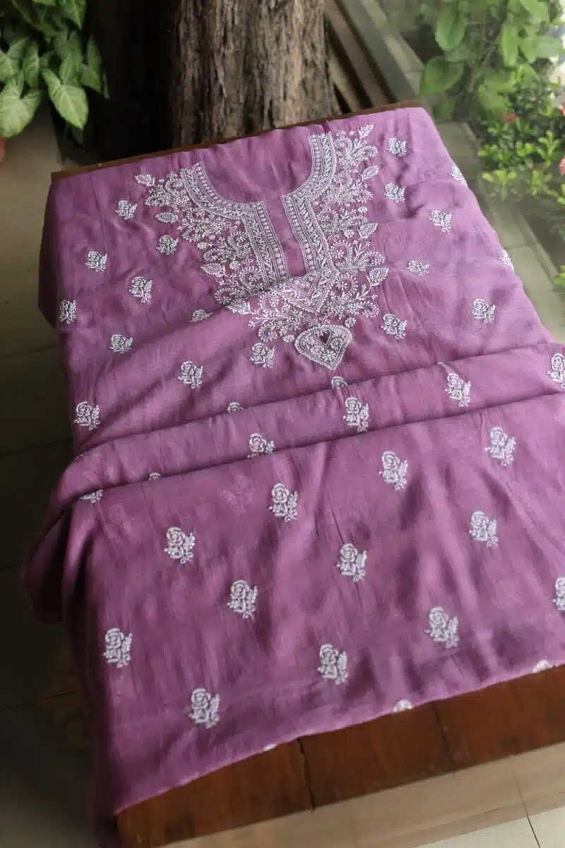 Purple Mal Cotton Chikankari Unstitched Kurta Dupatta Fabrics With Kamdani