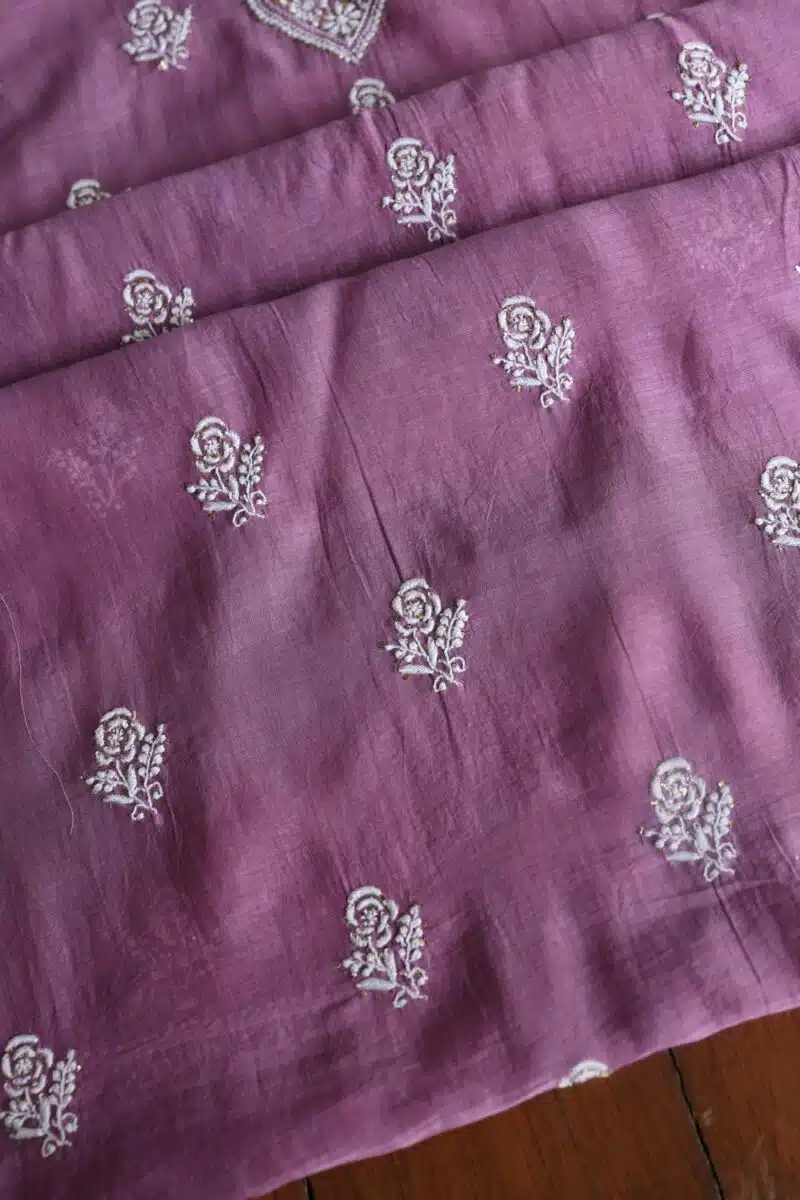 Purple Mal Cotton Chikankari Unstitched Kurta Dupatta Fabrics With Kamdani