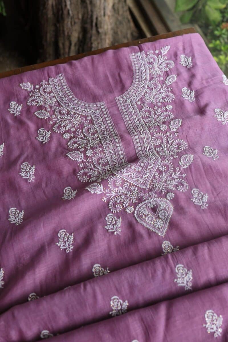 Purple Mal Cotton Chikankari Unstitched Kurta Dupatta Fabrics With Kamdani