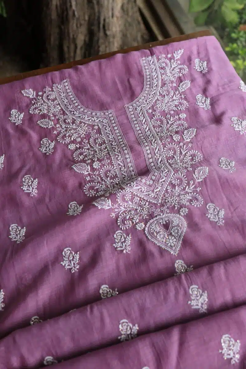 Purple Mal Cotton Chikankari Unstitched Kurta Dupatta Fabrics With Kamdani