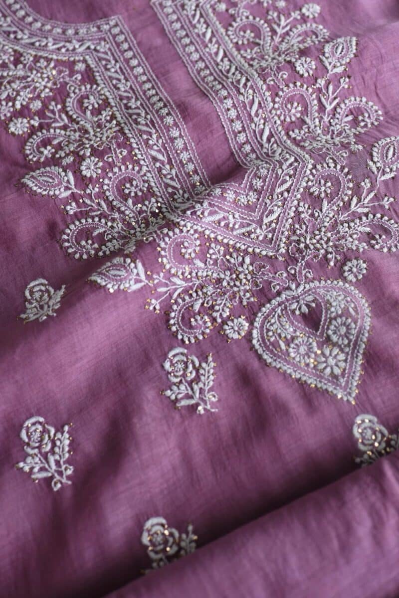Purple Mal Cotton Chikankari Unstitched Kurta Dupatta Fabrics With Kamdani