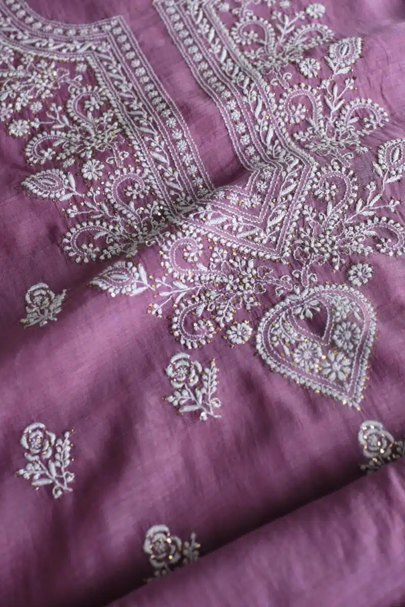Purple Mal Cotton Chikankari Unstitched Kurta Dupatta Fabrics With Kamdani