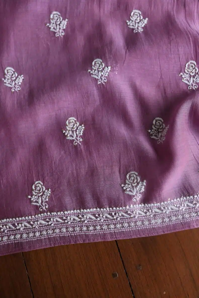 Purple Mal Cotton Chikankari Unstitched Kurta Dupatta Fabrics With Kamdani