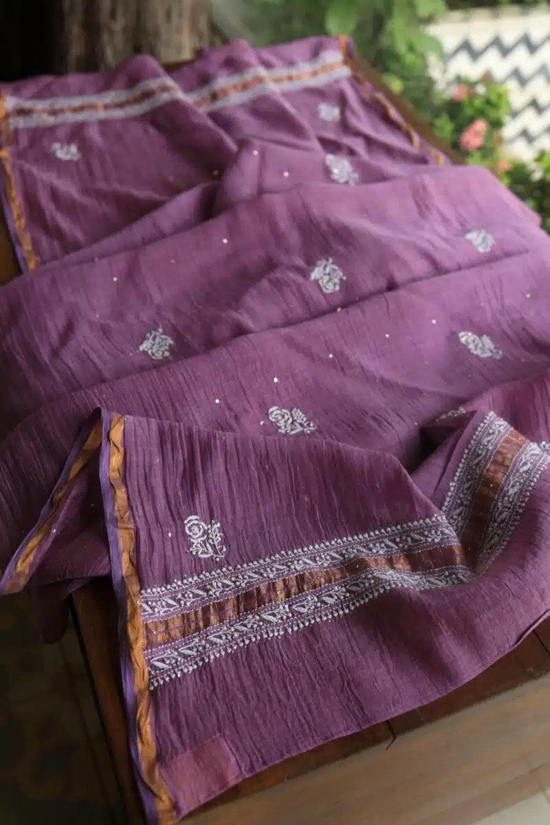 Purple Mal Cotton Chikankari Unstitched Kurta Dupatta Fabrics With Kamdani