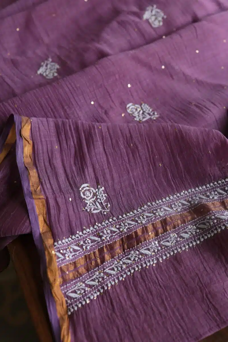 Purple Mal Cotton Chikankari Unstitched Kurta Dupatta Fabrics With Kamdani
