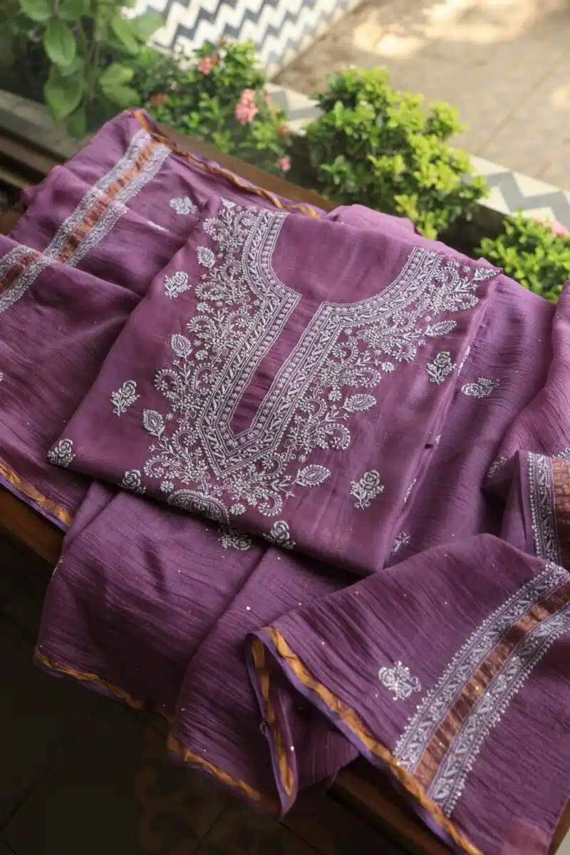 Purple Mal Cotton Chikankari Unstitched Kurta Dupatta Fabrics With Kamdani