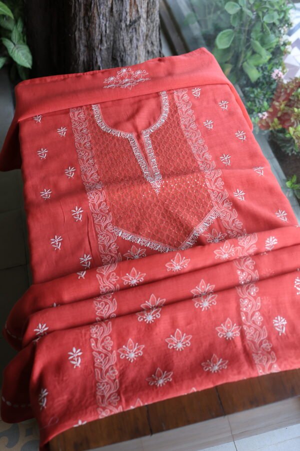 Red Daraz Chanderi Chikankari Unstitched Kurta Fabrics - Image 2