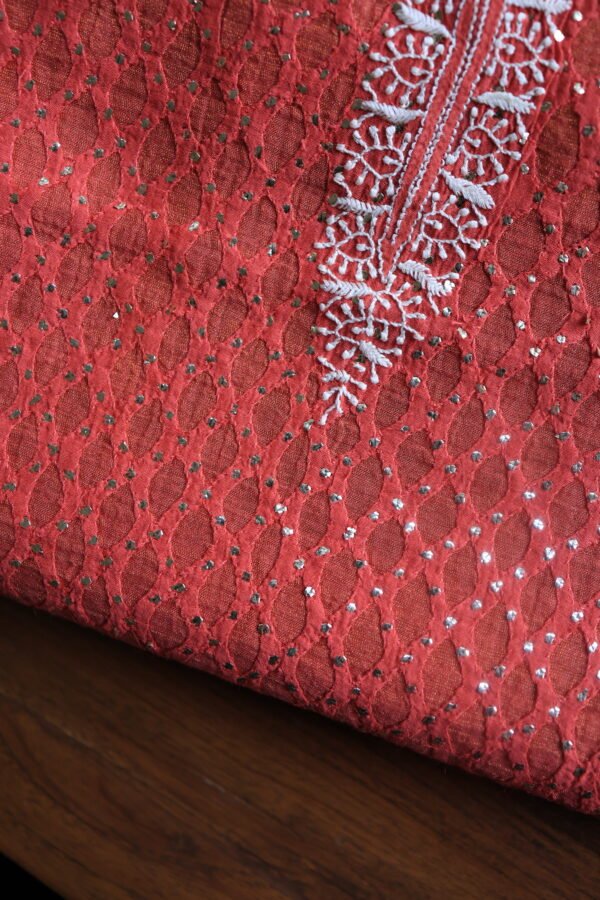 Red Daraz Chanderi Chikankari Unstitched Kurta Fabrics - Image 11