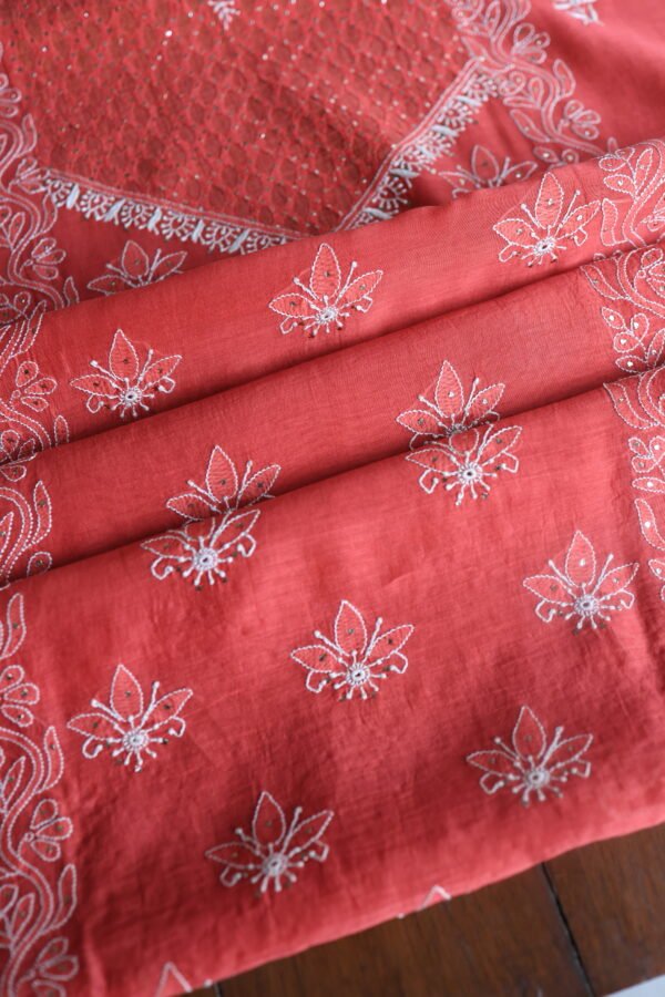 Red Daraz Chanderi Chikankari Unstitched Kurta Fabrics - Image 3