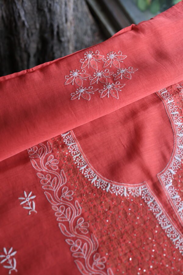 Red Daraz Chanderi Chikankari Unstitched Kurta Fabrics - Image 5