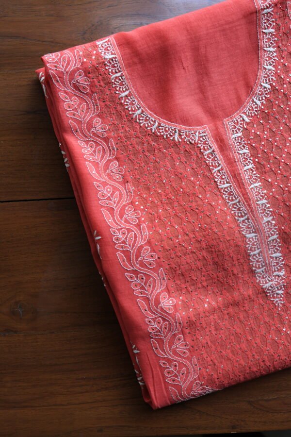 Red Daraz Chanderi Chikankari Unstitched Kurta Fabrics - Image 9