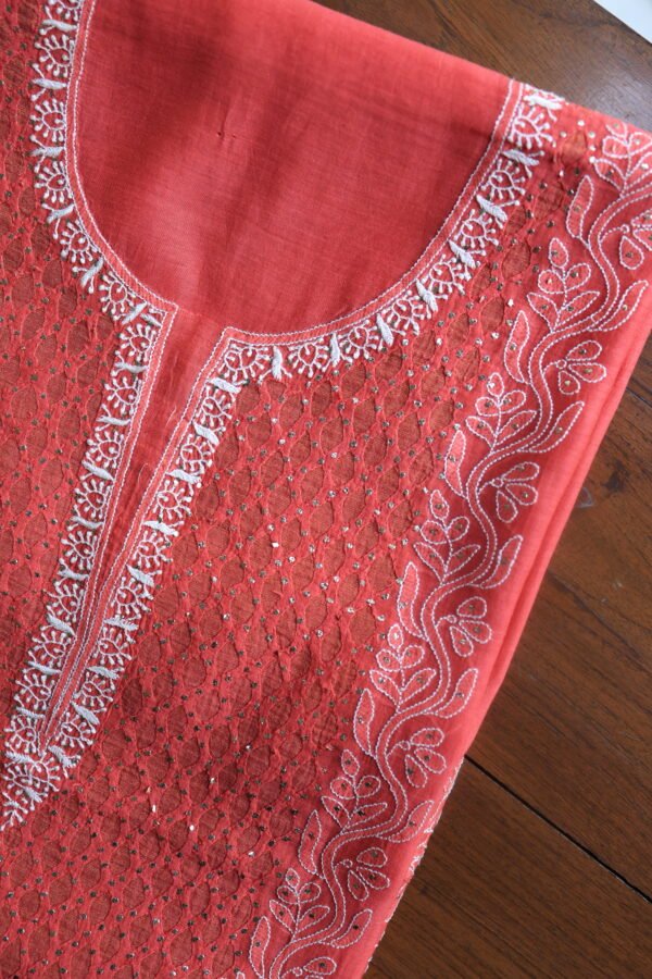 Red Daraz Chanderi Chikankari Unstitched Kurta Fabrics - Image 10