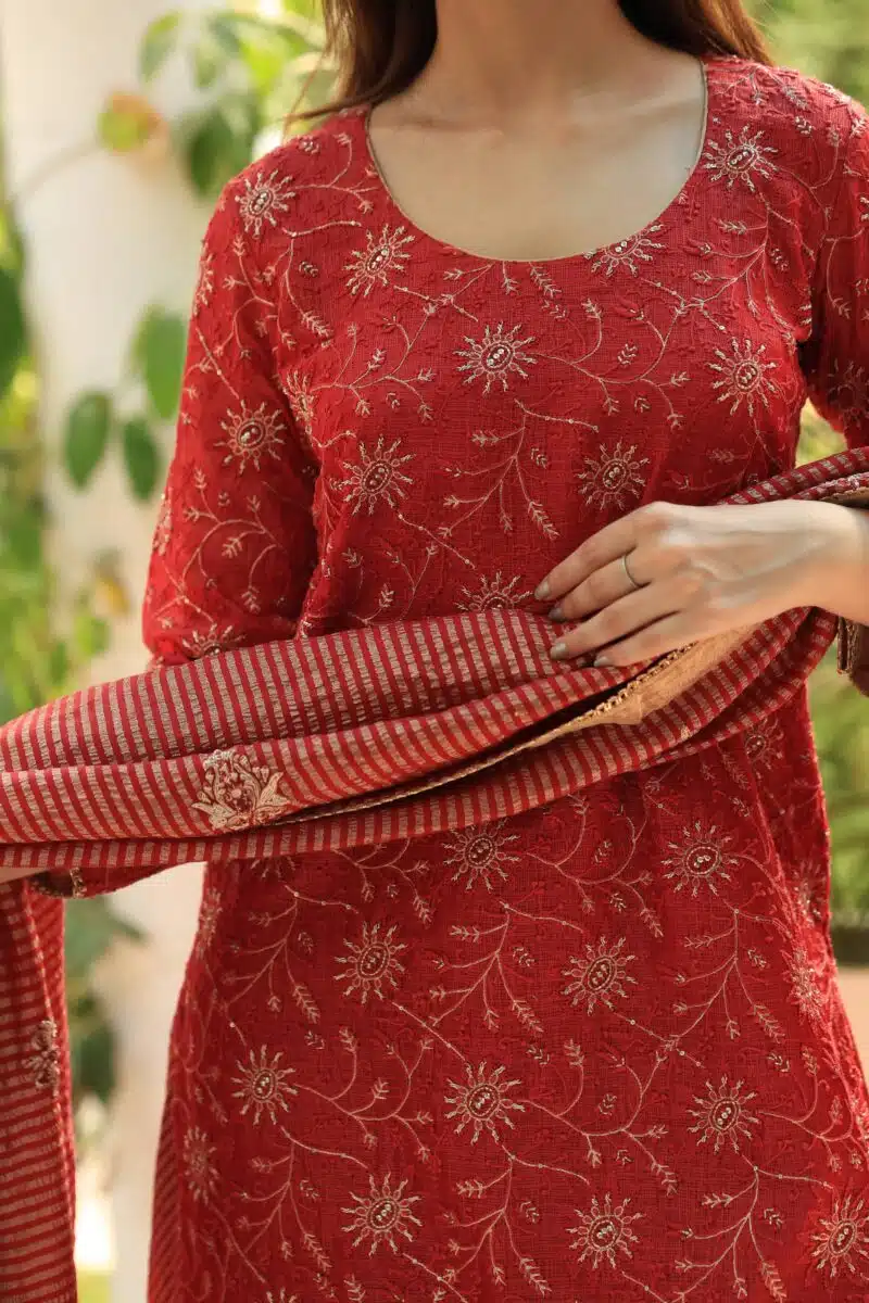 Red Silk Kota Chikankari Ari & Squins Work Sharara Set